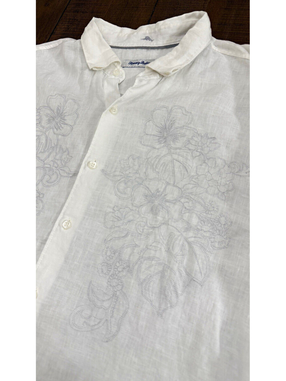 Tommy Bahama Men’s XL White Floral Woven Linen Long Sleeve Relaxed Button-Up